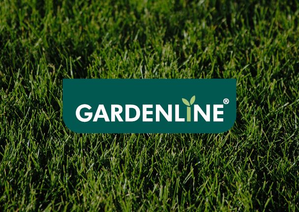 Gardenline-Logo mit grüner Wiese als Hintergrund